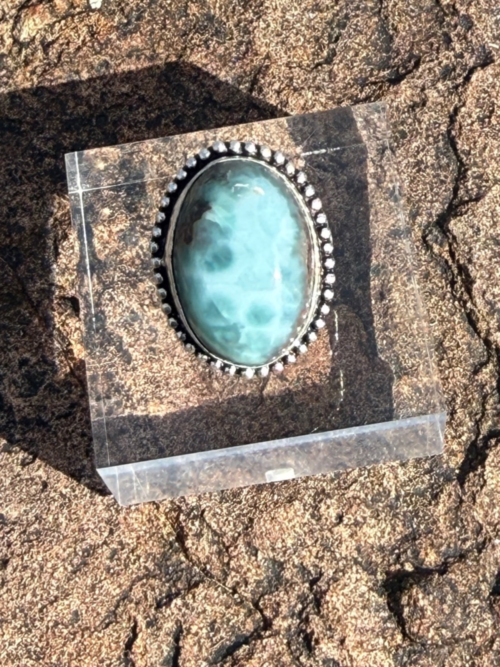 Larimar Oval Stone Statement Ring - Turquoise Blue 925 Sterling Silver Size 6